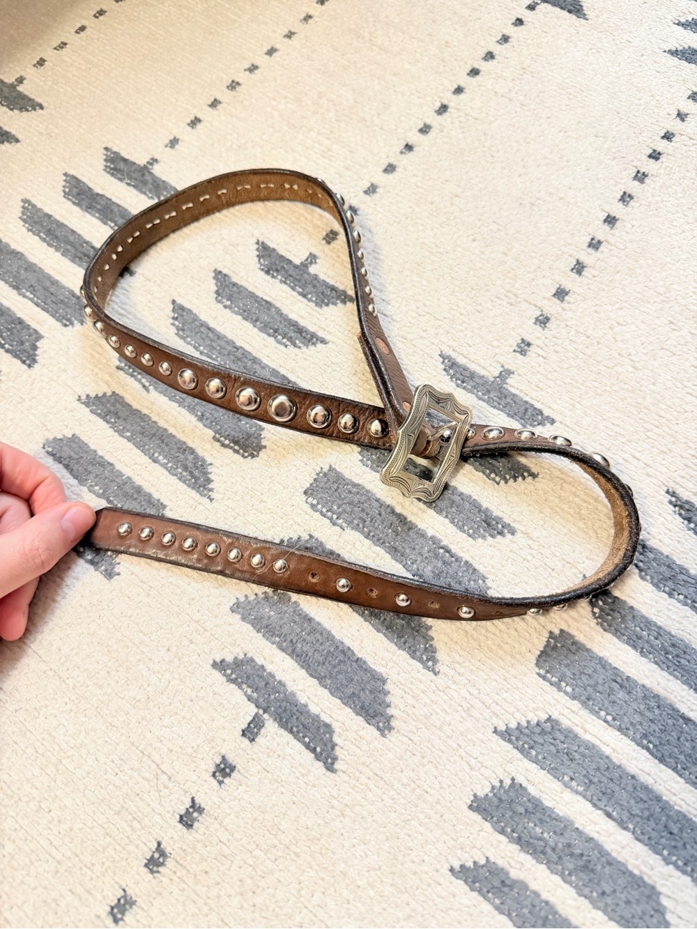 Studded Brown Leather Women's Belt with Silver Buckle